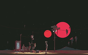 people near phone booth under red moon during nighttime