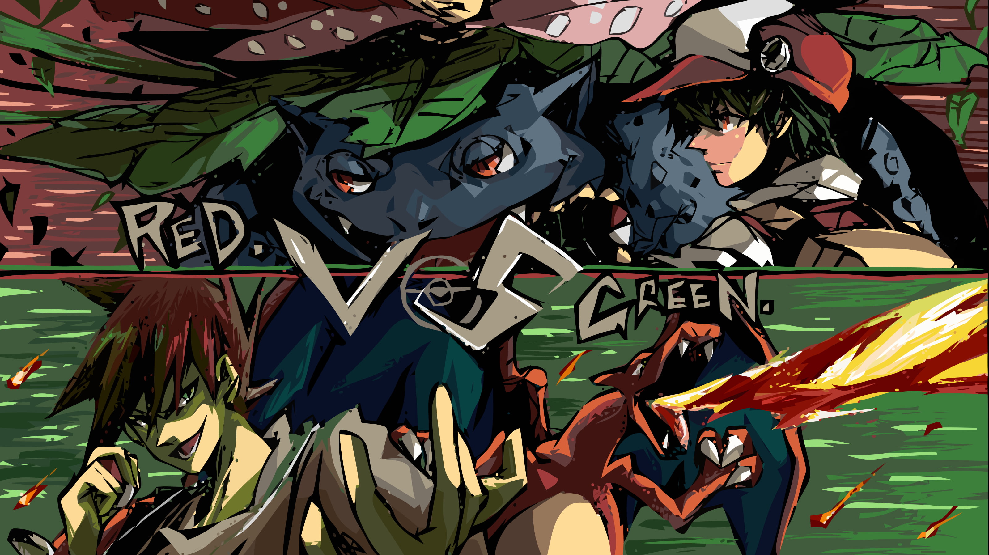 Pokemon Red Vs Green Collage Artwork Hd Wallpaper Wallpaper Flare