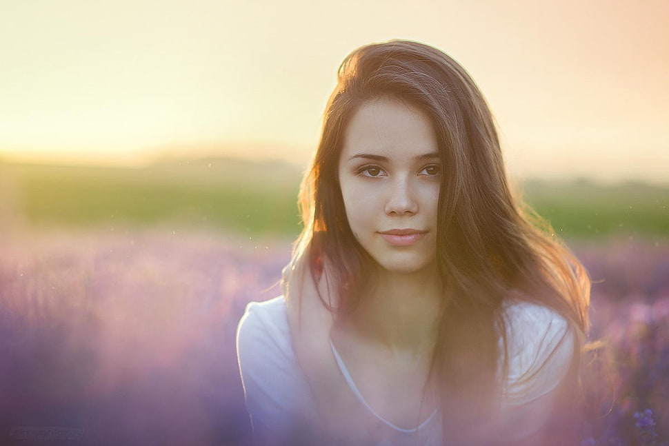 selective focus shot of woman wearing white top on purple flower field HD wallpaper