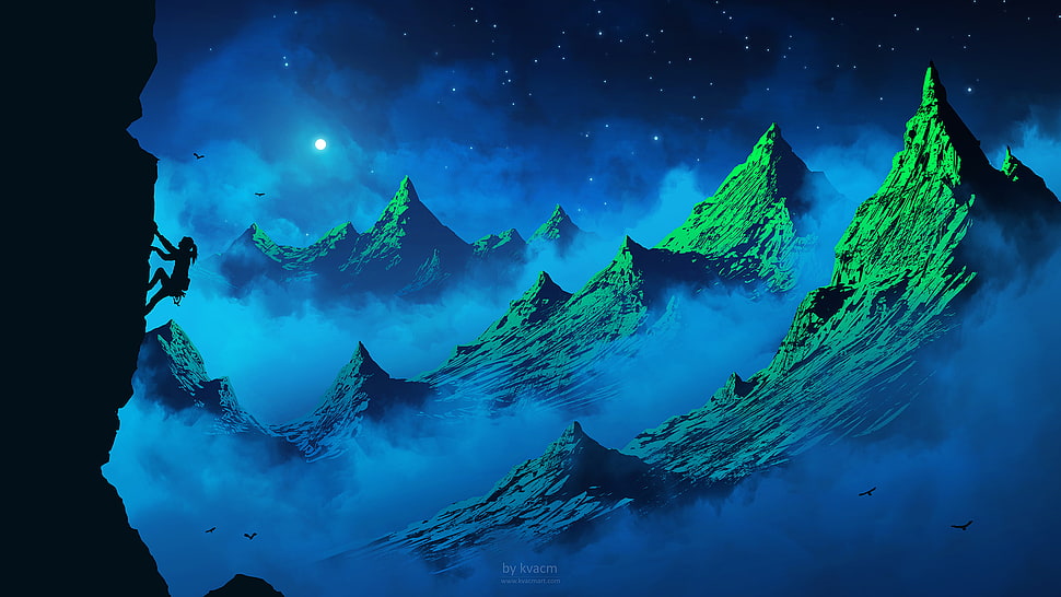 clouds and mountains artwork, digital art, mountains, night, hiking HD wallpaper