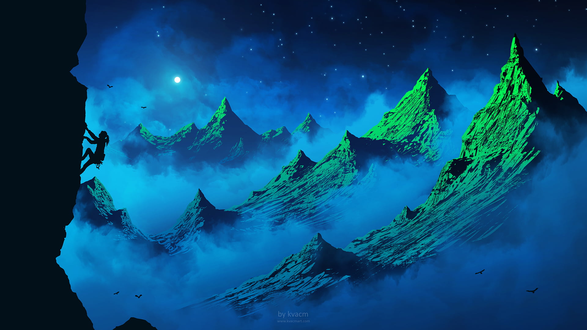 clouds and mountains artwork, digital art, mountains, night, hiking