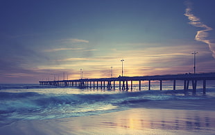 brown wooden dock, sea, sunset, beach, sky