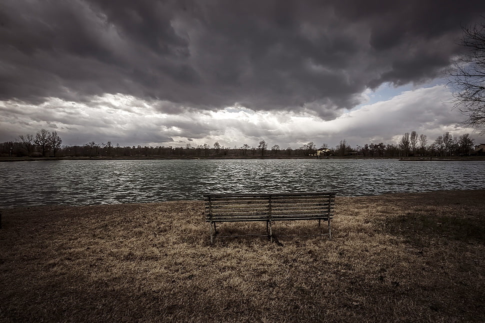 gray wooden bench, bench, water, landscape, clouds HD wallpaper