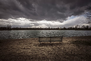 gray wooden bench, bench, water, landscape, clouds