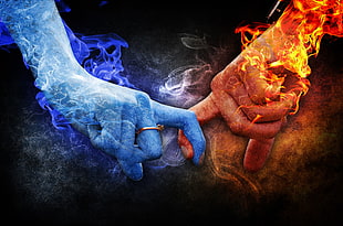 two red and white flare hands with index fingers intertwine