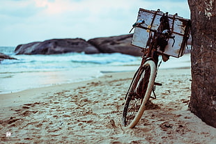 black commuter bike and rectangular white wooden chest, bicycle, rocks, beach, sea