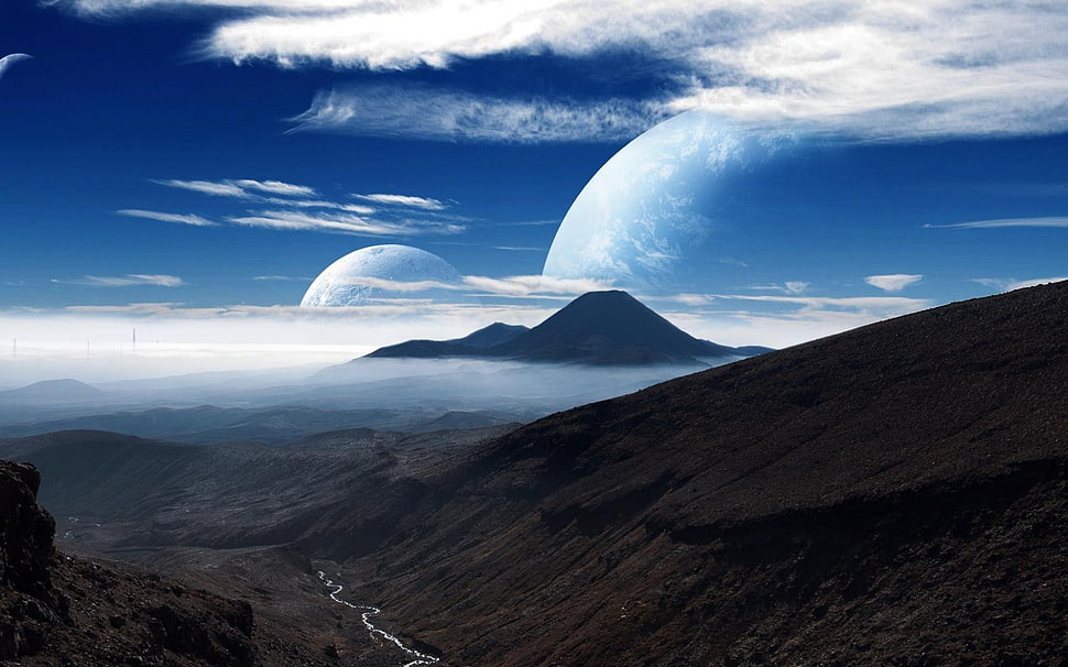 mountain with blue sky and clouds, landscape, planet, digital art, space art HD wallpaper