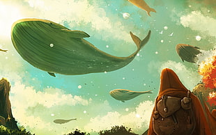 man with flying whales poster, flying, whale, atmosphere, surreal HD wallpaper