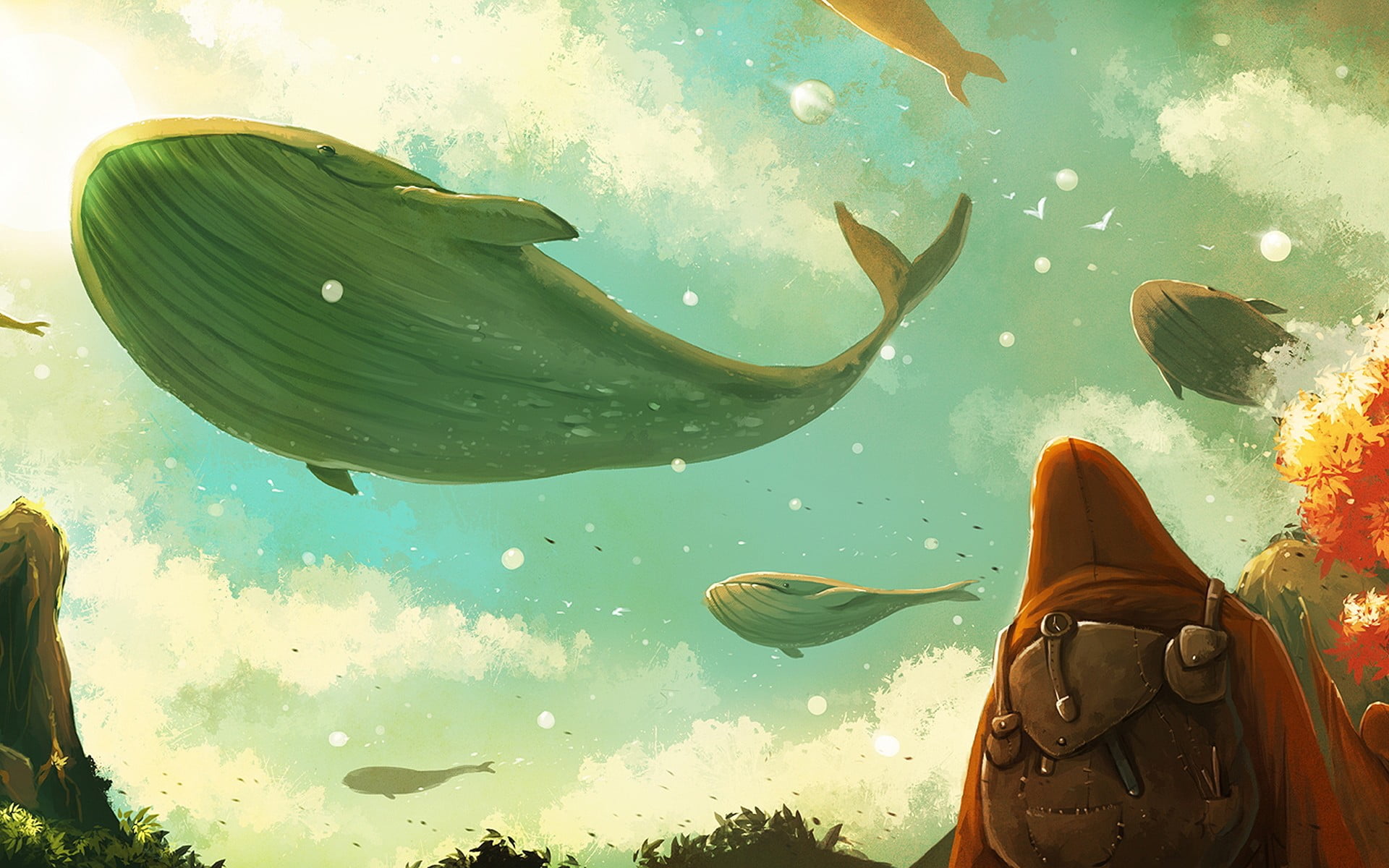 man with flying whales poster, flying, whale, atmosphere, surreal
