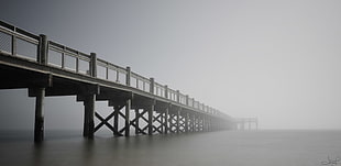 black bridge crossing a body of water during fog, milford HD wallpaper