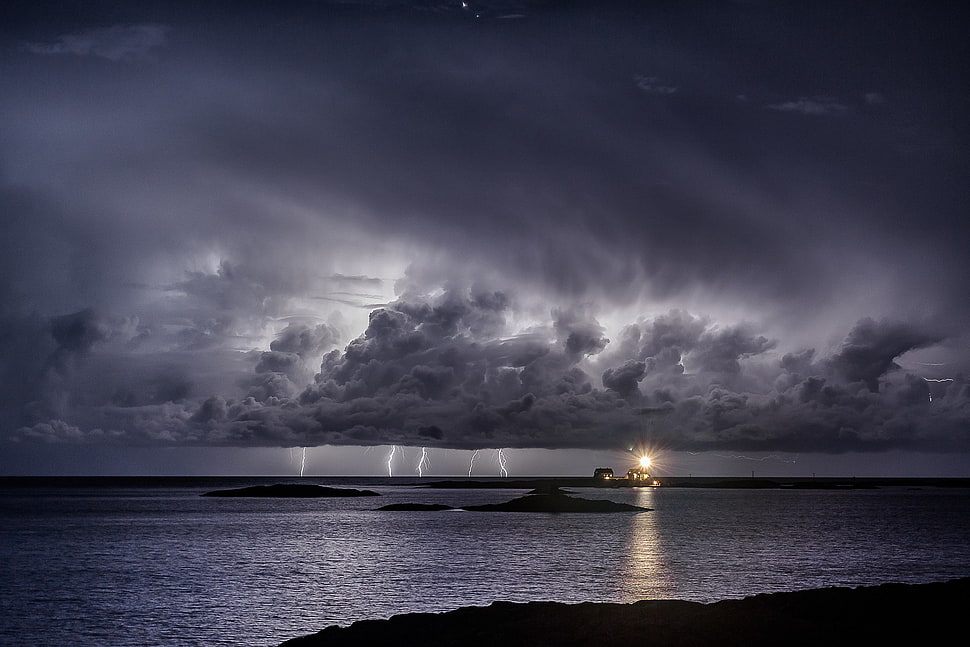 lightning cloud, nature, landscape, water, sea HD wallpaper