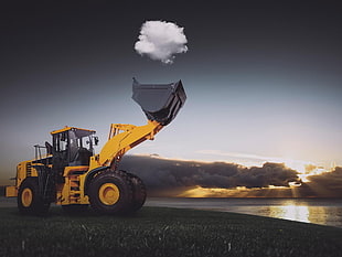 yellow and black front-loader, vehicle, trucks, clouds, optical illusion