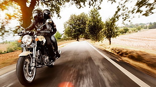black cruiser motorcycle, vehicle, long exposure, motorcycle, road