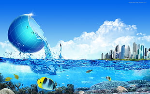 fishes under water with cityscape above digital wallpaper, fantasy art, artwork, digital art, water