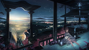 female anime character at pool digital wallpaper, anime, landscape, Japan, night