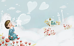 animated woman playing bubbles surrounded by snow illustration