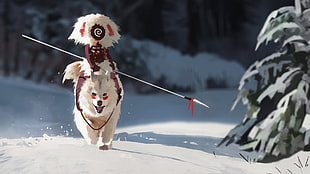 white Alaskan malamute puppy running on snow covered ground