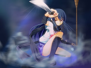 women's blue hair holding sword illustration