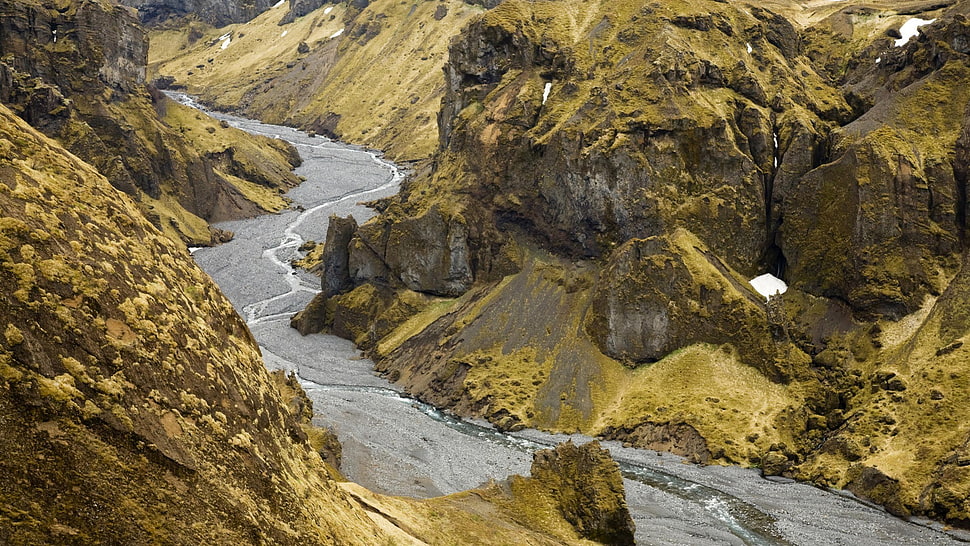 river through rocky mountain, Iceland, landscape HD wallpaper