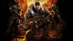 three men holding rifle digital wallpaper, Marcus Fenix, Gears of War, artwork, video games