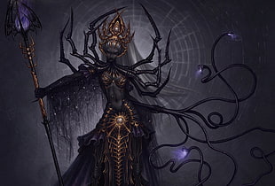 character wearing crown and holding spear with snakes surrounding her digital wallpaper