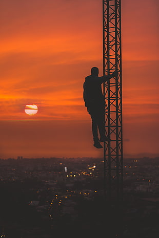 sunset, Man, Silhouette, Height HD wallpaper
