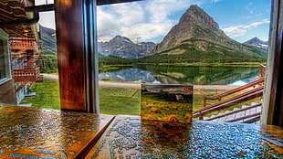 jigsaw puzzle lot, mountains, window, landscape, river HD wallpaper