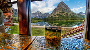 jigsaw puzzle lot, mountains, window, landscape, river