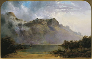 painting of boat on body of water near mountain, Greek mythology, mount olympus, painting, artwork