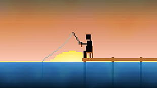 man sitting on chair while fishing minecraft sketch, artwork, pixels