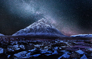 photo of snow covered mountain during night time
