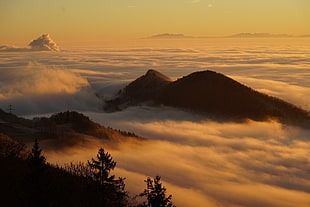 brown mountain coated with clouds during sunrise