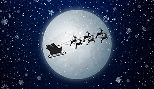 silhouette of Santa Claus riding on sleigh with reindeers on moon illustration HD wallpaper