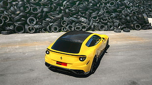 yellow Ferrari FF coupe, Ferrari FF, tires, yellow cars, vehicle HD wallpaper