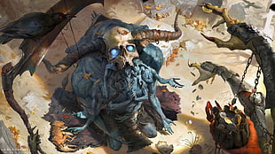 illustration of blue monster on his knees HD wallpaper