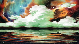 body of water under white clouds painting, anime, nature, clouds, water