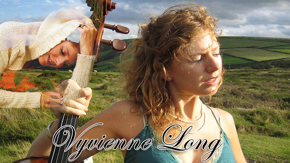 Vyveinne Long caption on photo of a woman with cello HD wallpaper