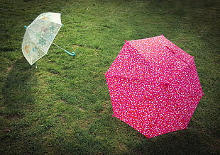 two white and pink umbrellas