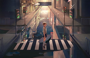girl holding an umbrella standing in the middle of a pedestrian lane anime illustration