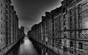 gray scale photography of buildings and river
