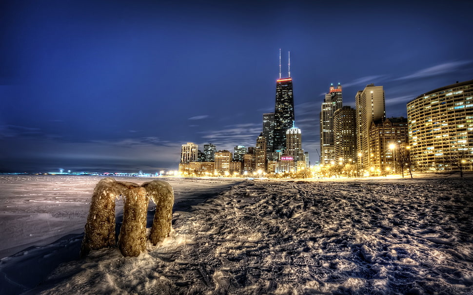gray sand, cityscape, HDR, snow, building HD wallpaper