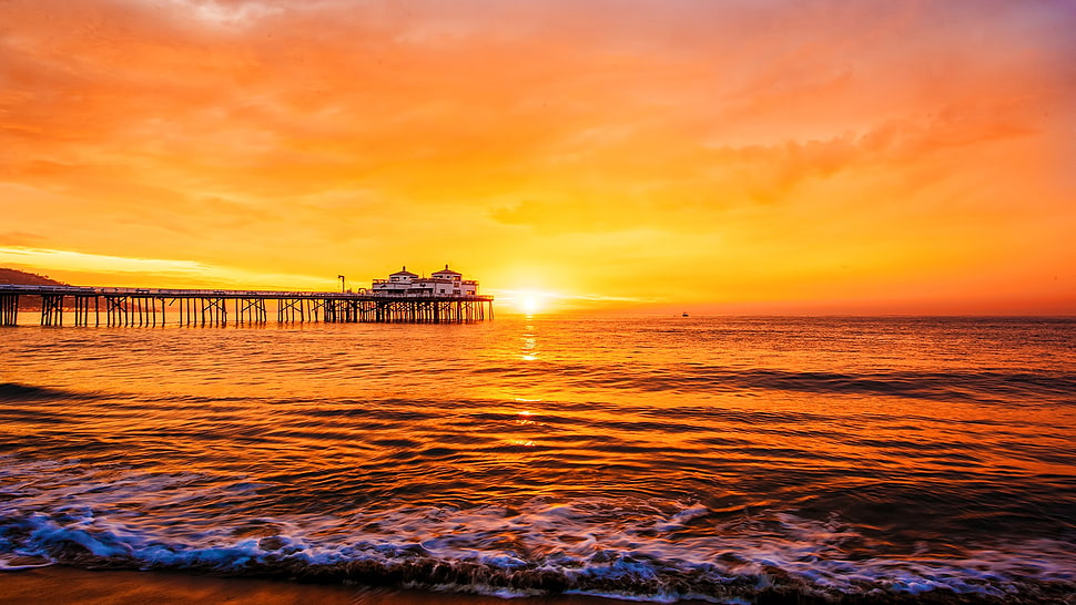 brown and red abstract painting, landscape, sea, pier, sunset HD wallpaper