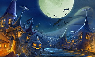 Halloween town illustration, Halloween, bats HD wallpaper