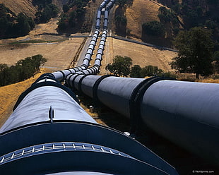 two gray pipes, pipeline, hills HD wallpaper