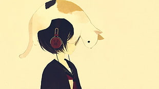 illustration of girl wearing headphone with cat on her head HD wallpaper