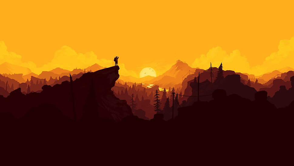 silhouette of man standing of mountain edge, landscape, mountain pass, Firewatch HD wallpaper