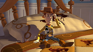 Woody from Toy Story sitting on white and brown bed
