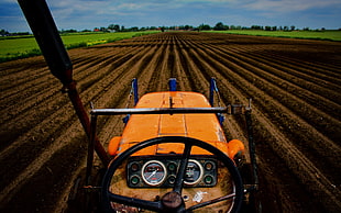 orange tractor, field, farmers