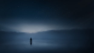 silhouette of person half-submerged in body of water digital poster, space, river, animations, alone