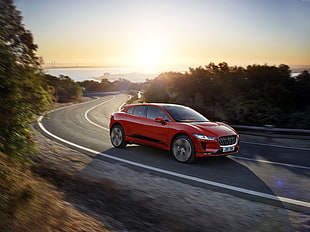 red SUV, Jaguar I-Pace, electric car, 8k